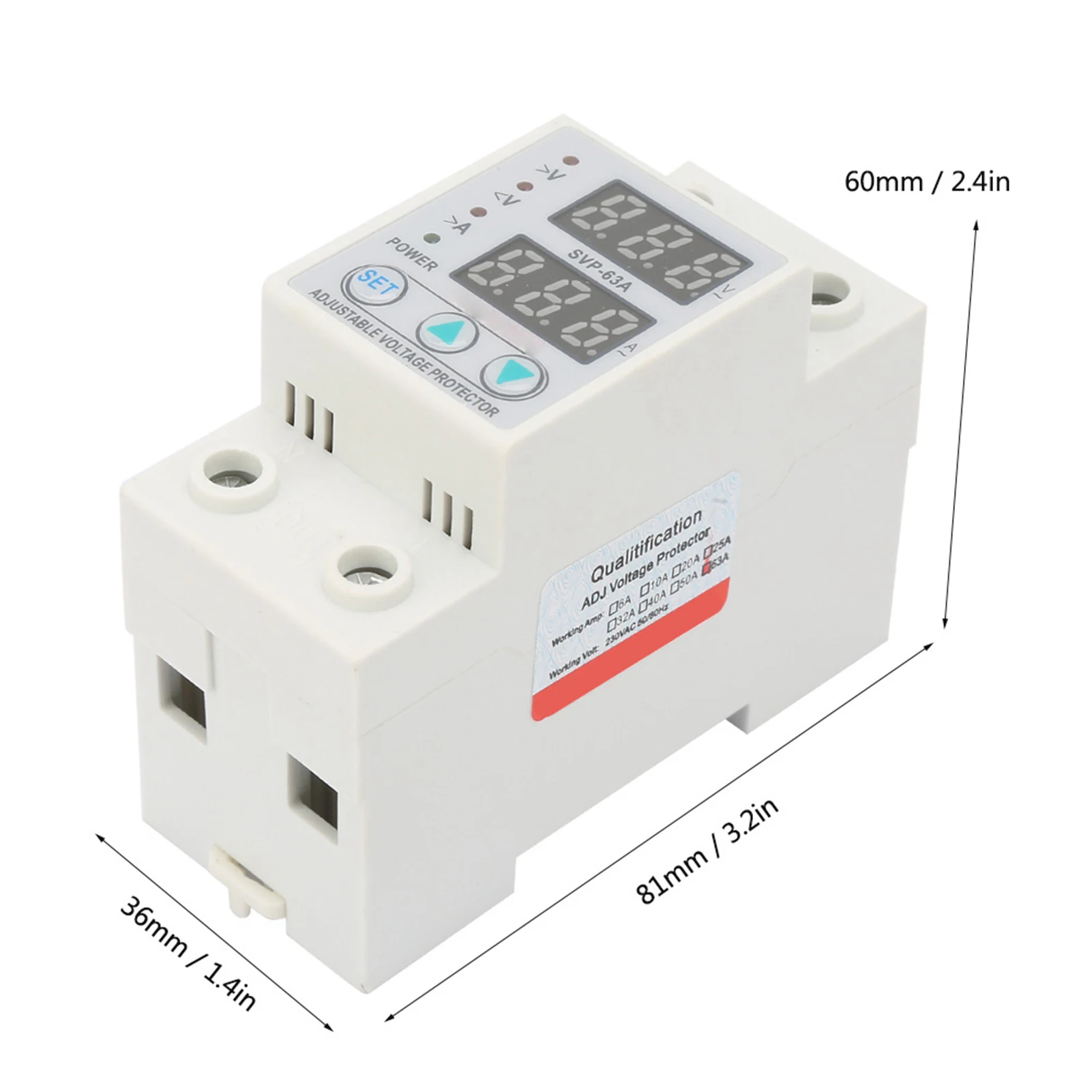 الجهد الزائد الحالي شاشة LED مزدوجة مرحلة واحدة قابل للتعديل الجهد الحالي حامي AC230V 63A SVP‐63A