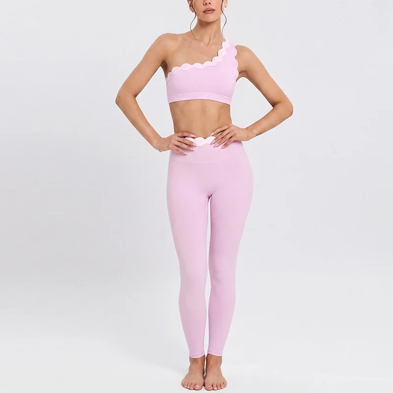 Women 2 Piece Yoga Outfit Set Asymmetrical One Shoulder Scallop Contrast Trim Sports Bra High Waist Leggings Pilates Workout Set