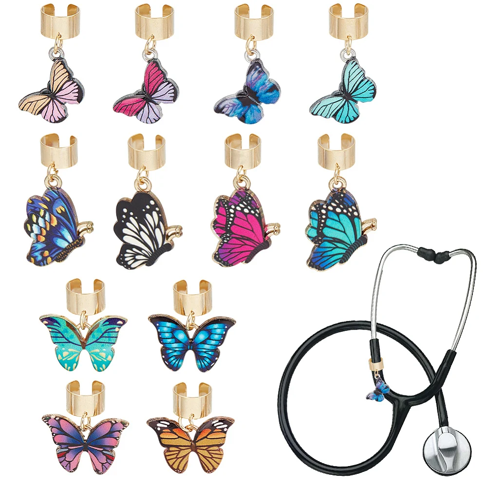 12Pcs Butterfly Stethoscope Charms 0.6~1.1 Inch Moth Stethoscopes Tag Alloy Pendant ID Name Tag Charm Stethoscope Charms
