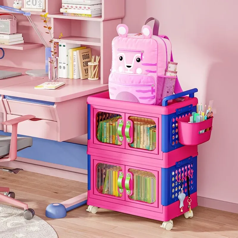 Dopamine Pink School Bag Storage Rack Removable Fold With Pulley Snack Cart Children's Room Toy Book Locker Shelves Furniture