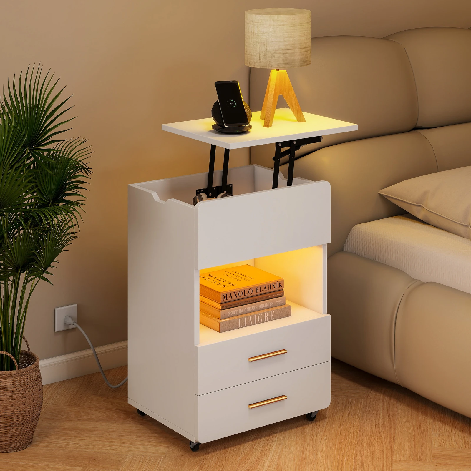 

LED Nightstand Side Table with Charing Station Movable Lift Top with 2 Drawers