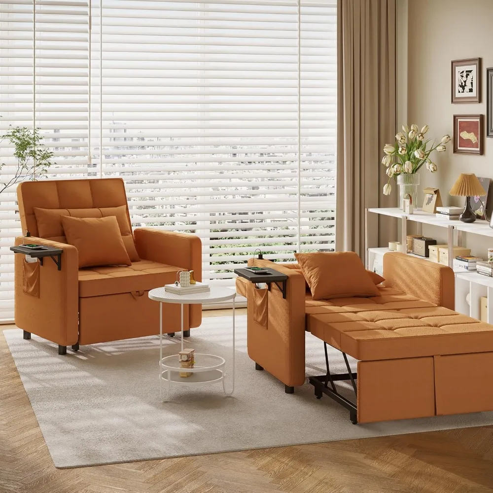 Convertible Sofa Chair Bed with Wing Table, USB Ports, and Two Pillows - 3-in-1 Couch for Futon Sleeper Living Space