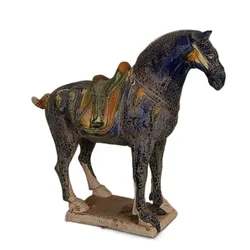 Chinese Tang Tri-Color Glazed Ceramics Blue Horse Porcelain Statue 8.27 inch Antique Imitation Home Decoration Ornaments
