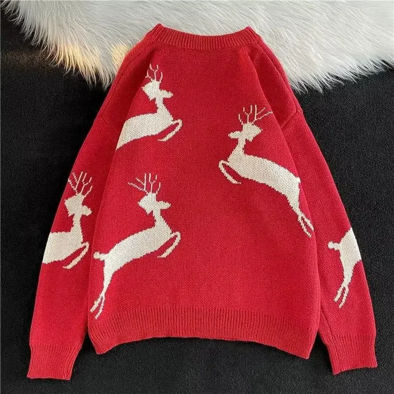 Autumn/winter Korean Style Loose Fit Christmas Deer Pullover Sweater For Men Women Casual Knitted Top Crew Neck Sweater 2025 NEW