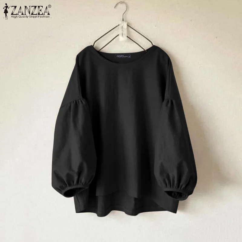 ZANZEA Plus Size Woman Casual Blouses Lantern Sleeves Round Neck Solid Color High-Low Tops Spring Minimalist Blusas de Mujer 5XL - view 2