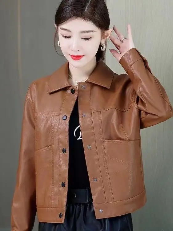معطف Bla Leather Jaet النسائي ort Sle Retro Hong Kong Faion فضفاض من جلد البولي يوريثان للتنقل العادي Sve طويل...