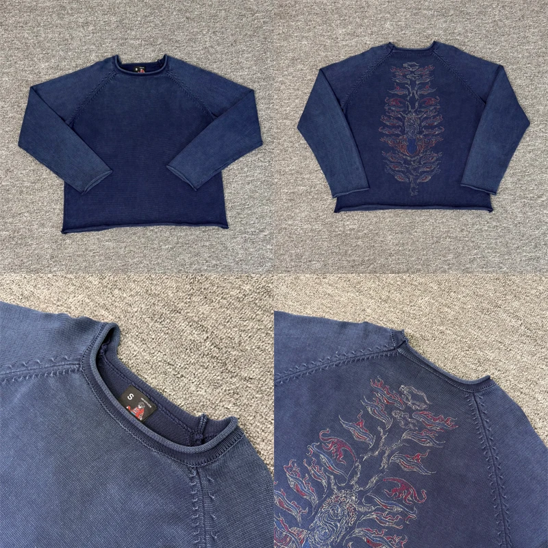 Raglan Sleeve Derschutze Lotus V2 Knitt Sweater Men Women Vintage Washed Loose Streetwear Jumper Pullovers Rolled Edge Sweater