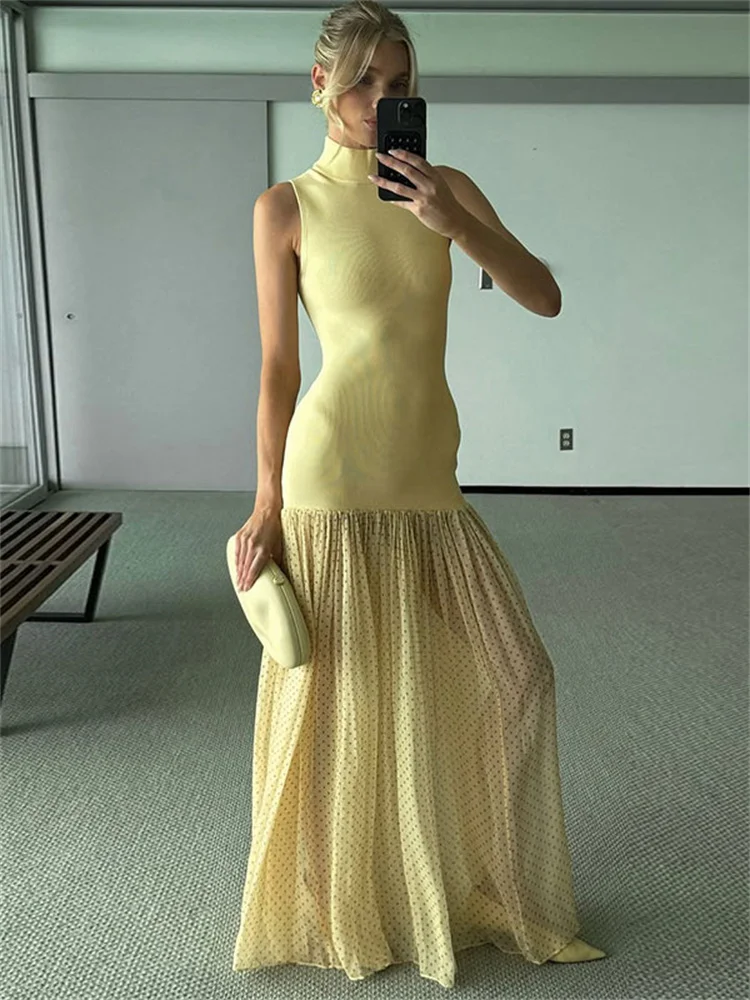 Tossy Mesh Patchwork Fashion Long Dress For Women Sleeveless High Waist Elegant Commute Party Dress Female Slim Maxi Dress 2025