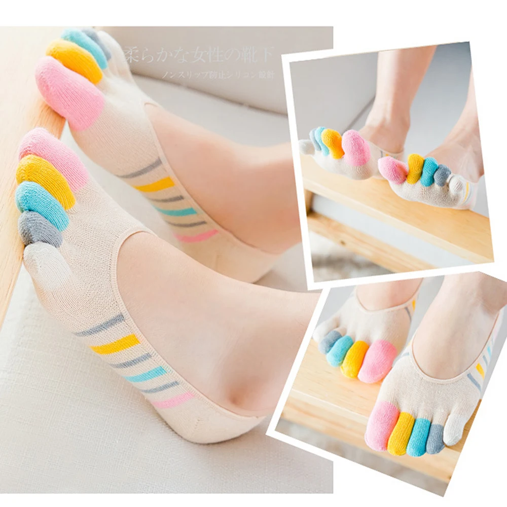 1 Pairs Colorful Five Finger Boat Socks Women Non-slip Thin Plain Weave Invisible Shallow Mouth Cotton Sweat Absorbent Toe Socks