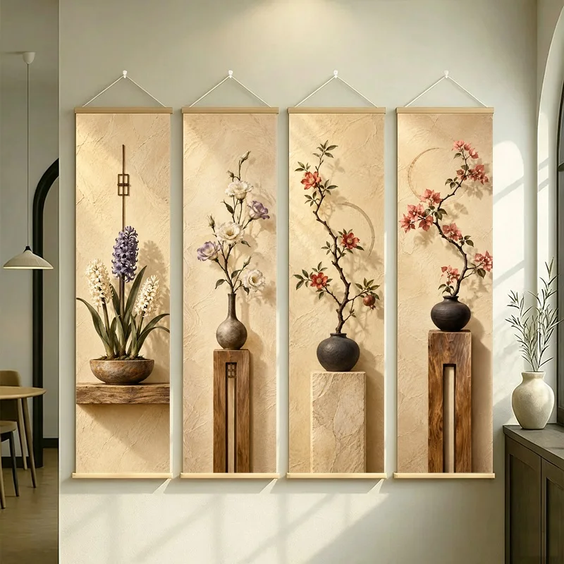 Wall Decor Hyacinth and Bougainvillea, Serene Wabi-Sabi Botanical Silver Shimmer Canvas Hanging Scroll for Boutique Hotel