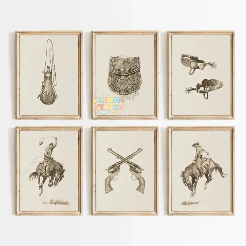 Antique Cowboy ​Western Horse Rider Vintage Sketch Rustic Country Poster Canvas Painting Wall Art Pictures Home Farmhouse Dec