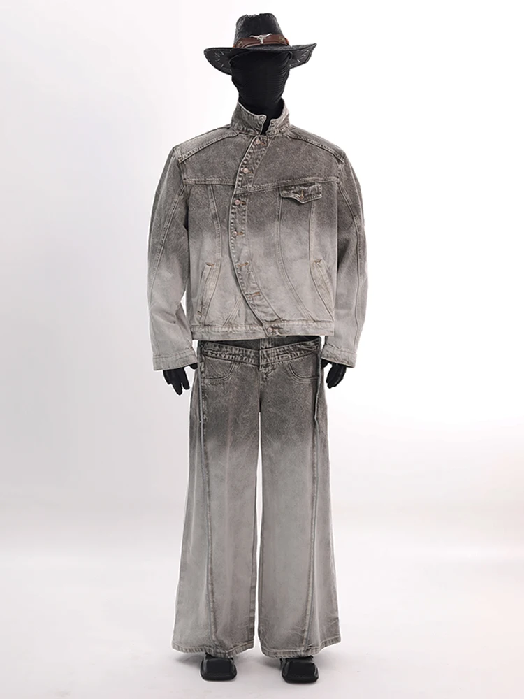 

Нишевый дизайнерский стиль Авангардный дизайн Sense Американский ретро стираная дуга Мачете Джинсовое пальто на пуговицах High Street Рваные мужские пальто