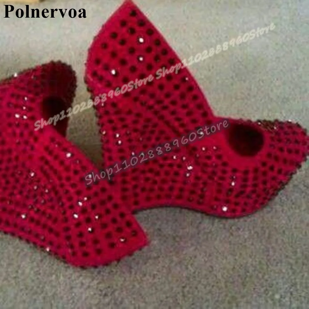 

Red Flock Full Black Crystals Platform Pumps Wedges High Heel Shoes For Women Slip On Pointed Toe Casual Party Shallow Pumps