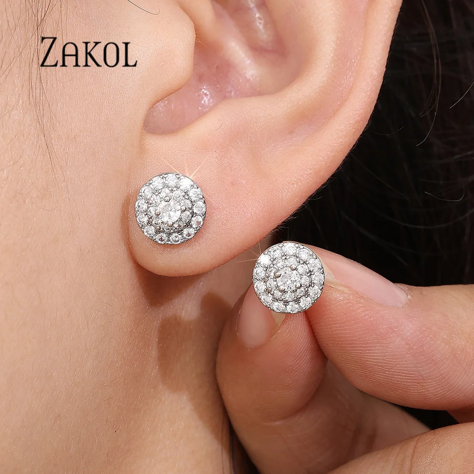 ZAKOL Personalized Gold Color Round Inlaid Shiny Zircon Stud Earrings For Women Fashion Elegant Evening Luxury Jewelry ZPE1756