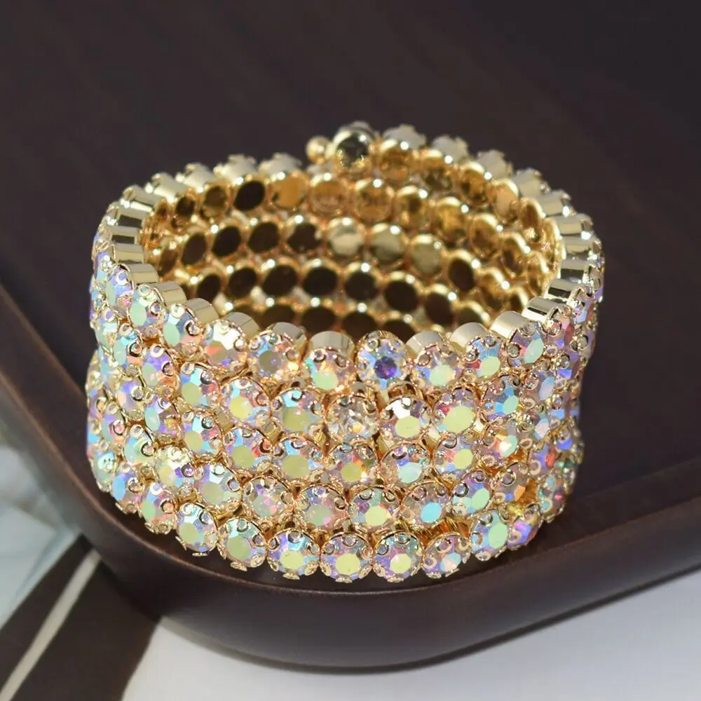 Fashion Bridal Jewelry Three & Five Rows Crystal Rhinestones Color Bracelets for Women Wedding Full Rhinestone Hand Wrist Bracel