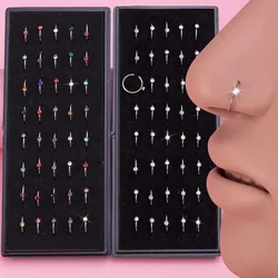 40pcs/Box CZ Crystal Nose Rings Stainless Steel Nostril Piercing Hoop 8mm Cartilage Tragus Daith Earring Jewelry Random Color