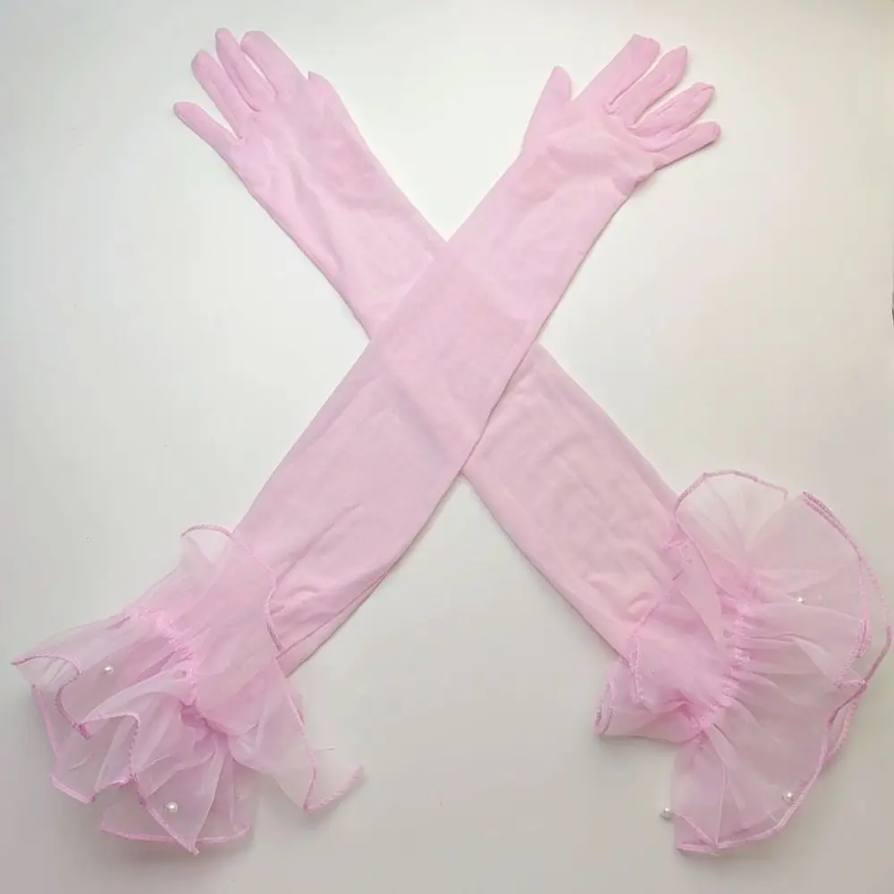 Guanti lunghi elastici da donna Abito da sposa Protezione solare Guanti con maniche in pizzo solido Guanti da sposa in rete con decorazione di perle bianche nere