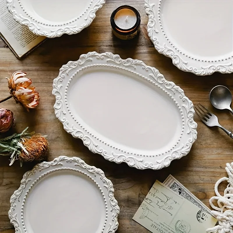 White Embossed Ceramic Plate Round Oval Lace Relief Dinner Plate Dessert Fruit Tray for Afternoon Tea Home Party Restaurant Use
