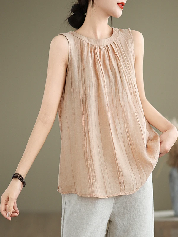2025年新作 夏用 ルーズ コットンリネンベスト レディース ファッション プリーツ入り スリムトップ エレガントな質感 細見え効果 可愛いスタイル