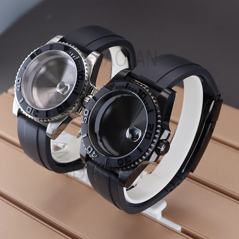 40mm Men Watch Case Black Rubber Strap Parts For Yacht Seiko NH35 NH36 NH38 4R36 Miyota 8215 8205 ETA 2824 Movement 28.5mm Dial