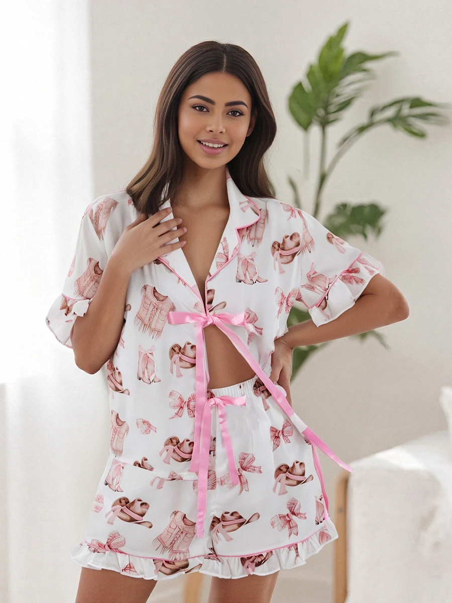 

Женские пижамные шорты, комплект Goblet Seashell Boot Tie спереди, топы с короткими рукавами, шорты с эластичной резинкой на талии и рюшами, комплект одежды для сна