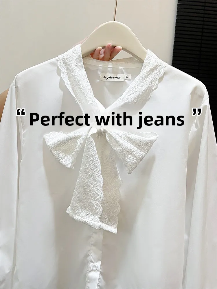 

Elegant Collar Shirt Women's Spring Fashion Lace Trim Top Layering Base Layer Shirt Autumn Winter French Style Loos...