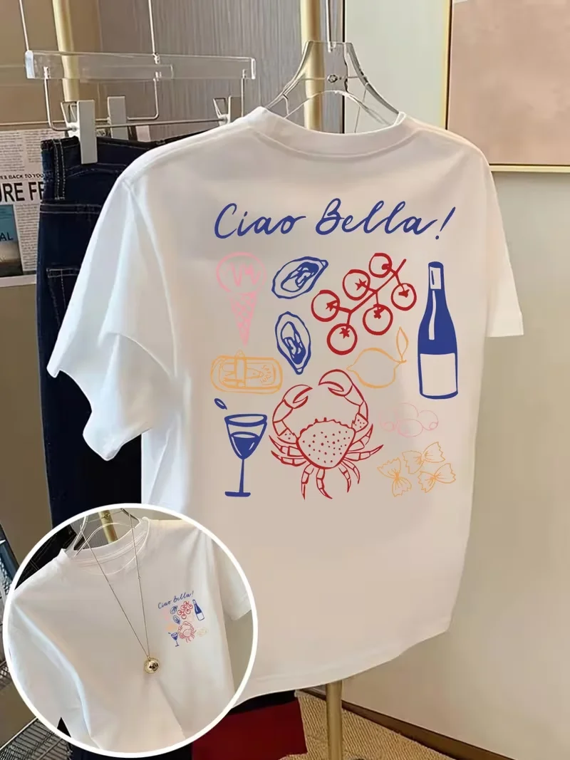 Crab Wine Glass T Shirt Women Seafood Doodle Graphic Tees Mediterranean Cruise Seaside Dinner Summer Resort Picnic Apparel