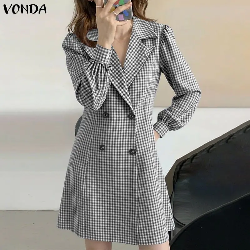 

Женское сексуальное элегантное мини-платье VONDA, модное повседневное платье-рубашка в клетку с длинным рукавом и отложным воротником, весеннее, на пуговицах, для офиса и уличной носки