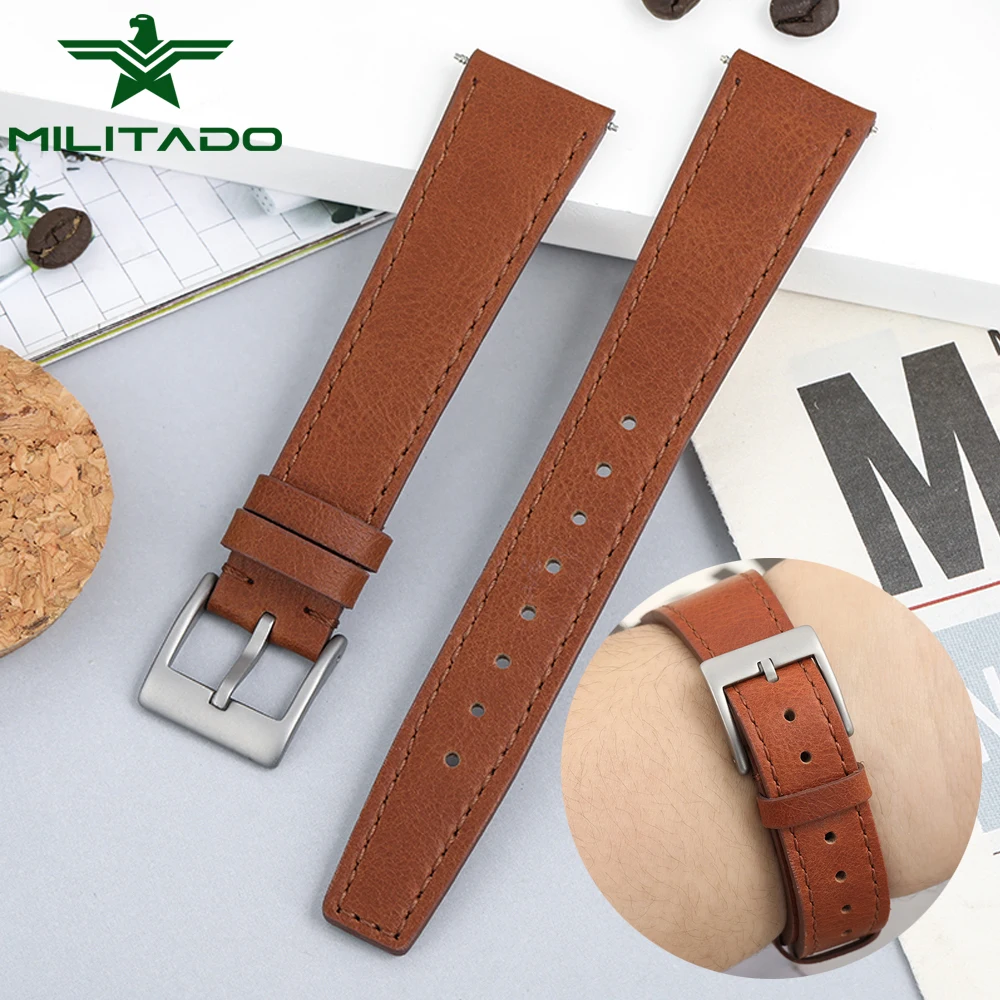 Militado 20mm Simple Comfortable Leather strap 316L Stainless Steel Frosting Buckle High Quality Mens Watch Bands