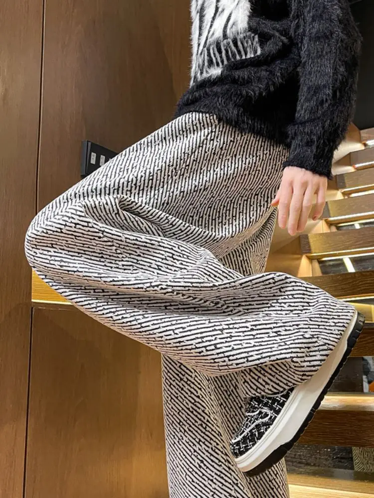 

Мужские зимние утепленные брюки в американском ретро-стиле с широкими штанинами, в полоску, повседневные, длинные, до пола