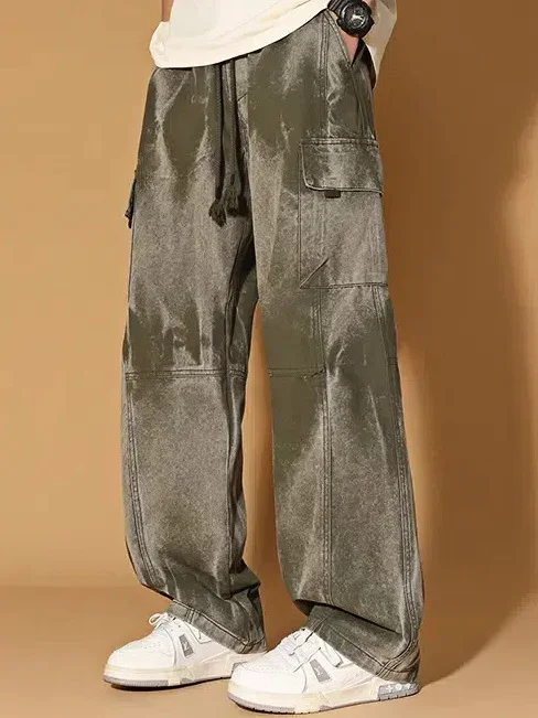 

Мужские повседневные широкие брюки больших размеров, свободный крой, прямые брюки для спецодежды, длинные брюки в американском стиле ретро, большой размер