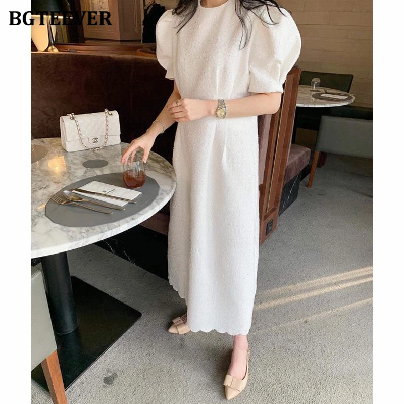 BGTEEVER Fashion Straight Long Dress Women Elegant O-neck Puff Sleeve Women Dress Summer Ladies Vestidos