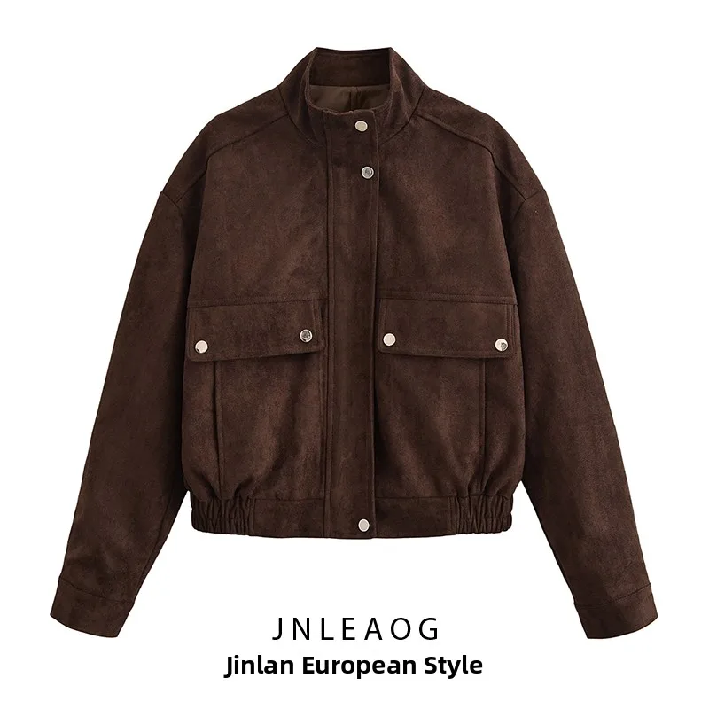 

Faionable коричневая замша Jaet с отложным воротником Long Sve, женская верхняя одежда, осенняя новинка, JNLEAOG, полиэфирное волокно