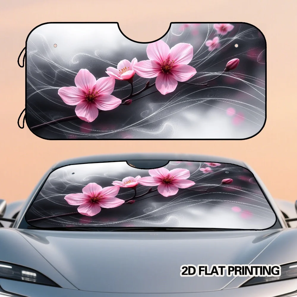 2D Flat Printing, 1pc Universal Fit Polyester Pink Blossoms On Branch Pattern Car Windshield Shade, Foldable Sun Visor, Ideal Fo