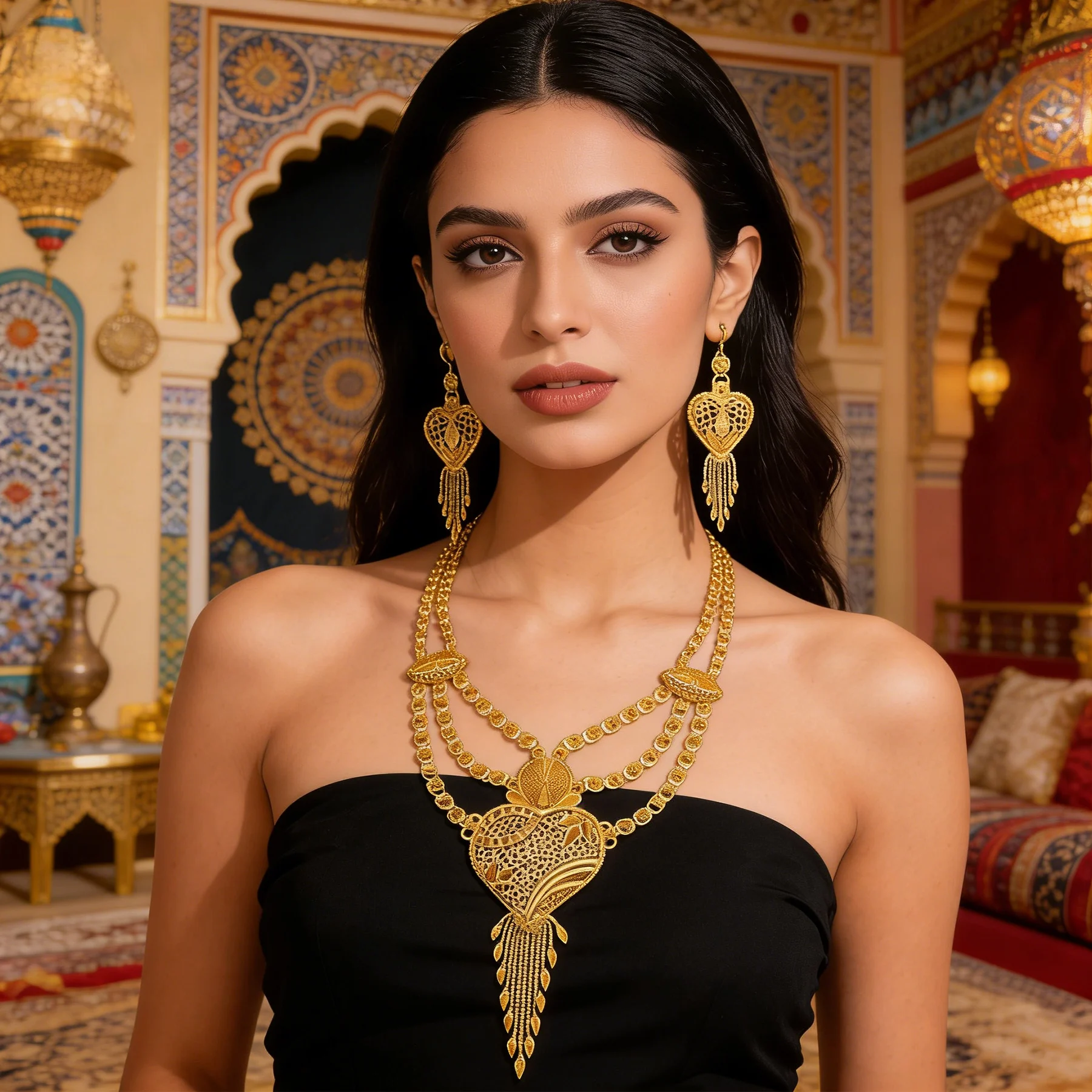 

Fashion Women Jewelry Set African Kurdish Turkey Indian Wedding Gold Heart Chain Tassel Necklace Earrings Ethnic Accessory Gift