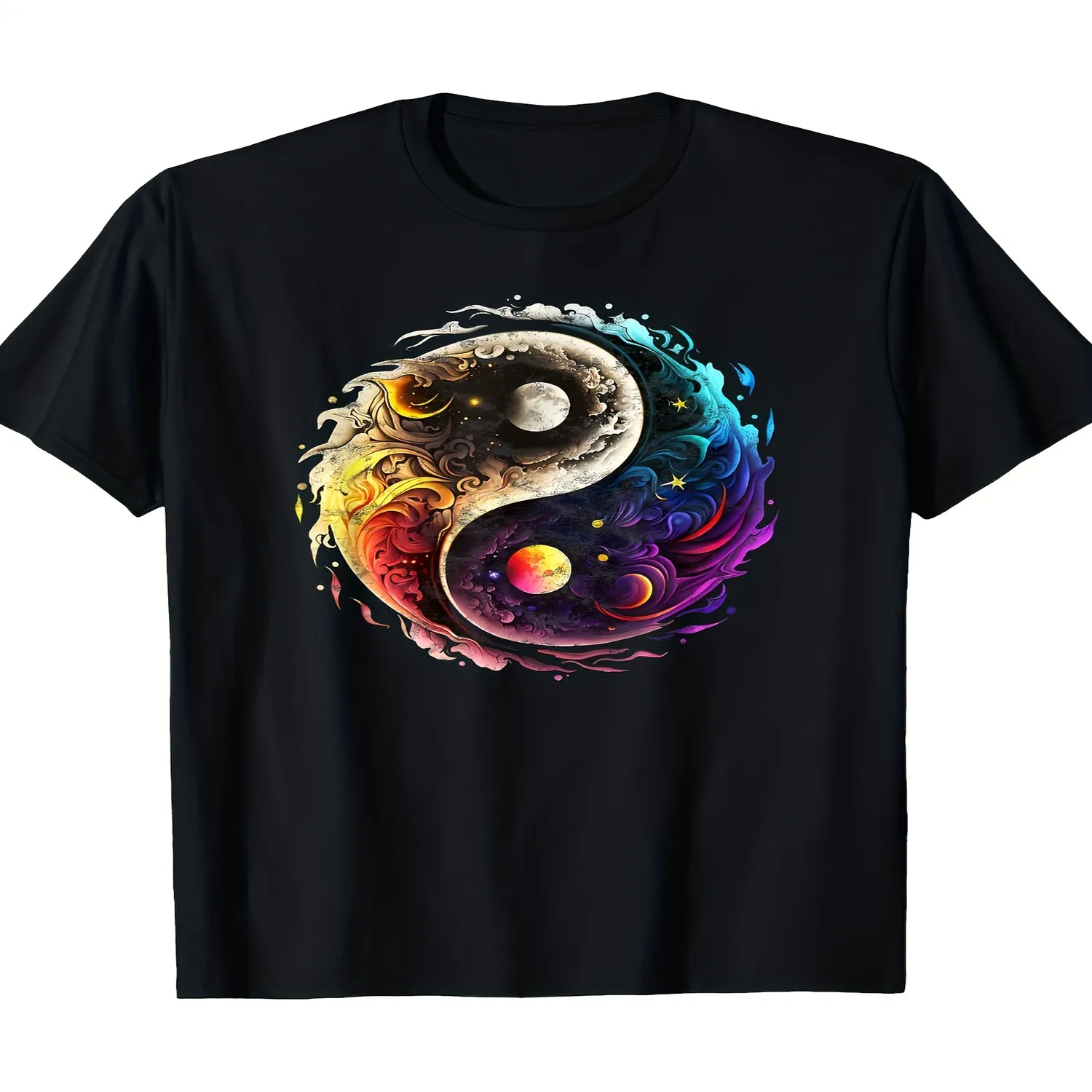 Men'S Yin Yang Graphic Unisex T-Shirt - Black Retro Martial Arts Tee with Sun Moon Universe Design Heavyweight 180g 100 Fabric for Tai Chi Yoga Qigong Chinese Medicine Casual Shirt for Martial Ar lightweight tshirt, unisex t-shirt