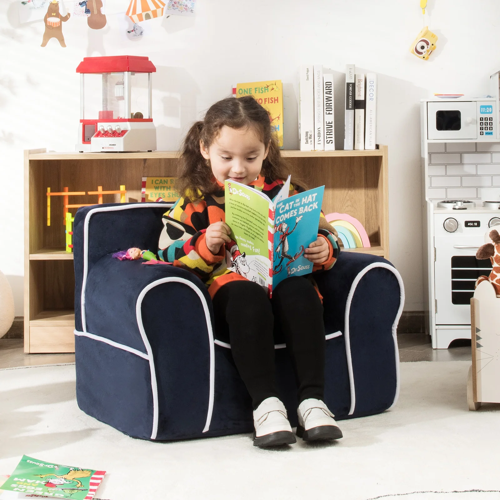 Fauteuil rempli de mousse pour enfants, canapé pour tout-petits, tissu velours, cadeau bébé, bleu marine