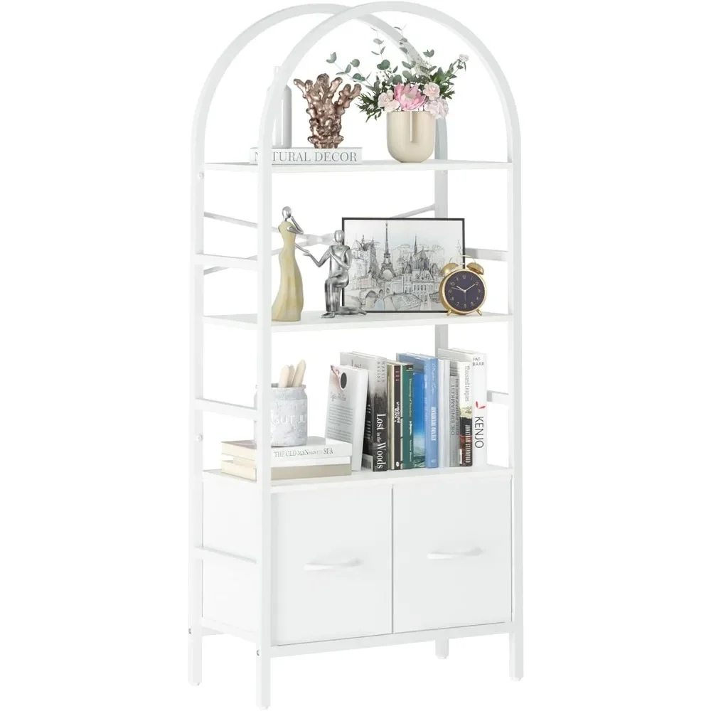 

Arched Bookshelf with Drawers, 4 Tier Book Shelf Storage Shelves, Industrial Bookcase Book Organizer for Bedroom Office,