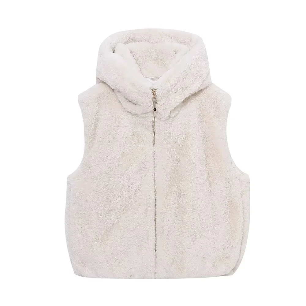 TRAF 2024 Autumn New Product: Women\'s Casual Loose Artificial Fur Effect Hooded Tank Top with Shoulder and Sleeveless Vest