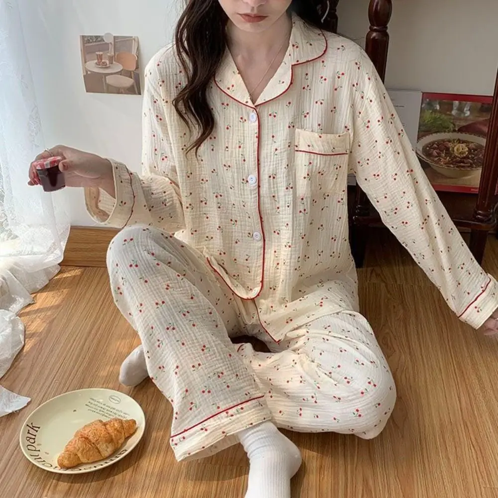 

Fashion Ruffle Cherry Pajamas Women Lapel Loose Two Piece Nightwear Nightdress Sweet Pajamas Suit Home