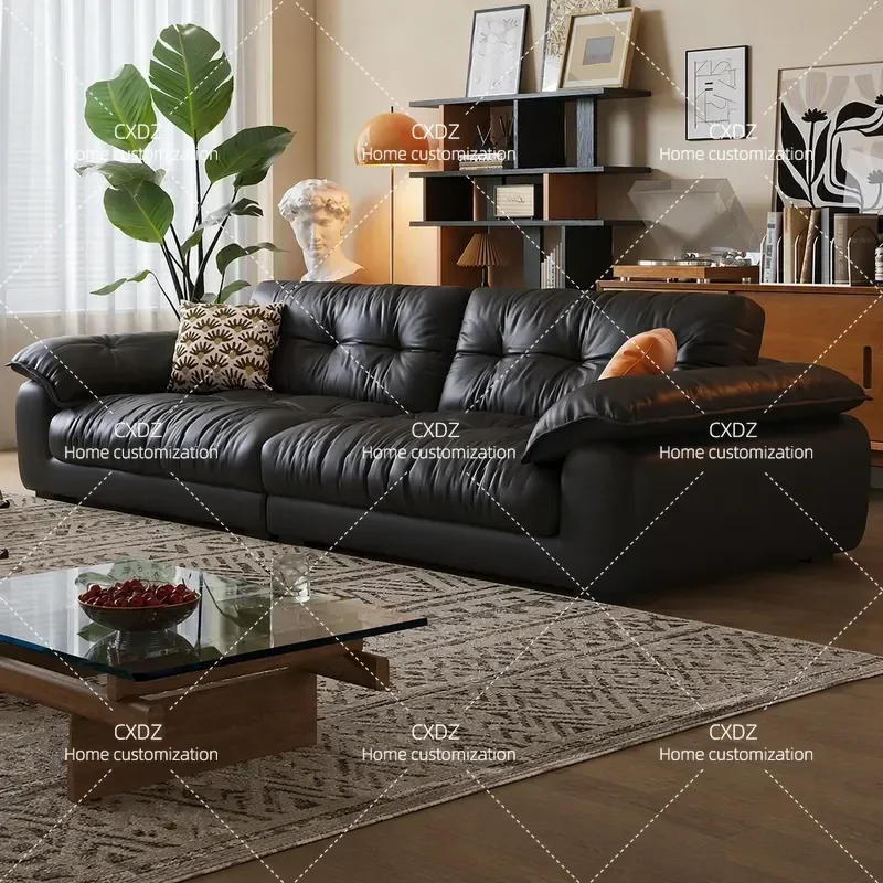 Italian brown sugar leather sofa living room minimalist 2025 medieval black straight row down French retro style solid wood