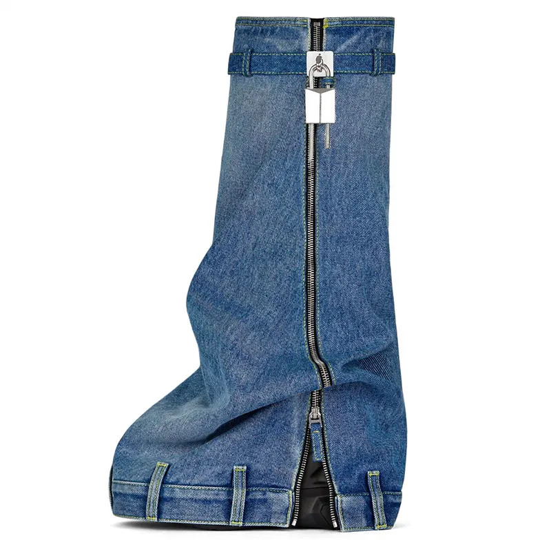 

Women's New Thick Sole Western Boots Skirt Rim Shark Round Head Denim Round Head Metal Buckle Add Knee Length Boots