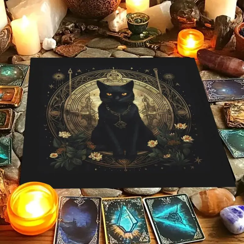 VIKAMA Black Cat Altar Cloth Magic Circle Tarot Card Reading Mat Witchcraft Witchy Spiritual Home Table Decor