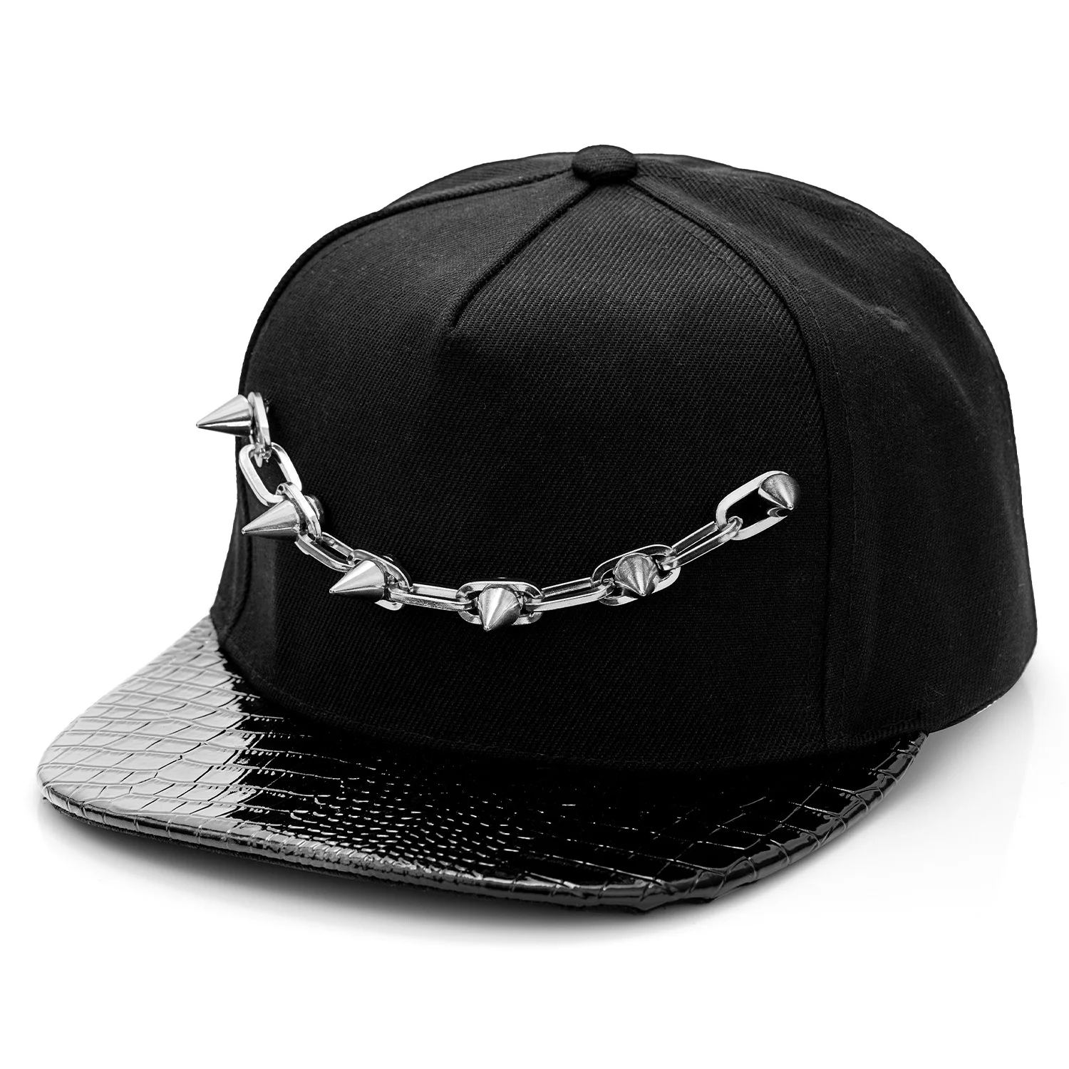 

Fashion Punk Snapback Cap Black with Spike Chain Decoration Crocodile Texture Flat Bill Baseball Hat
