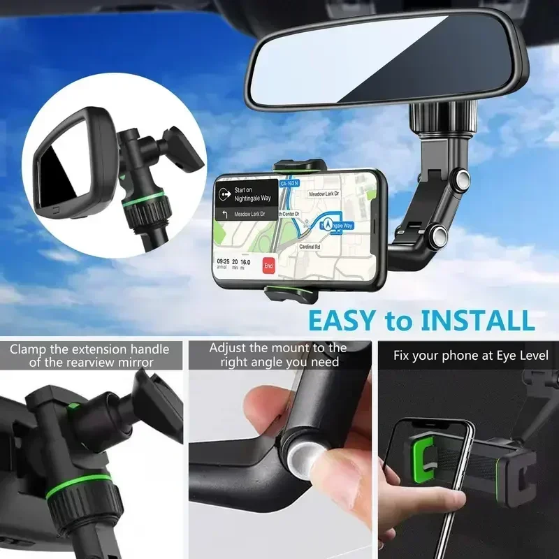 360° Rotatable Car Phone Mount - Universal Rearview Mirror Holder with Multi-Angle Adjustment