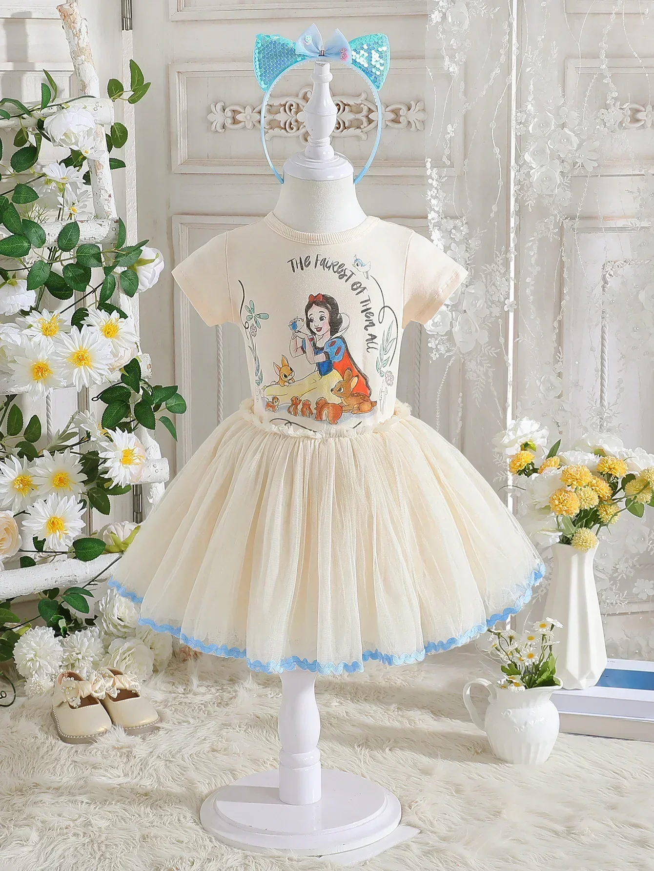 فستان أميرات ميكي ماوس بأكمام قصيرة من ديزني للبنات ، تنورة شبكية منتفخة للأطفال ، تنورة بيضاء ثلجية ، أطفال في الصيف