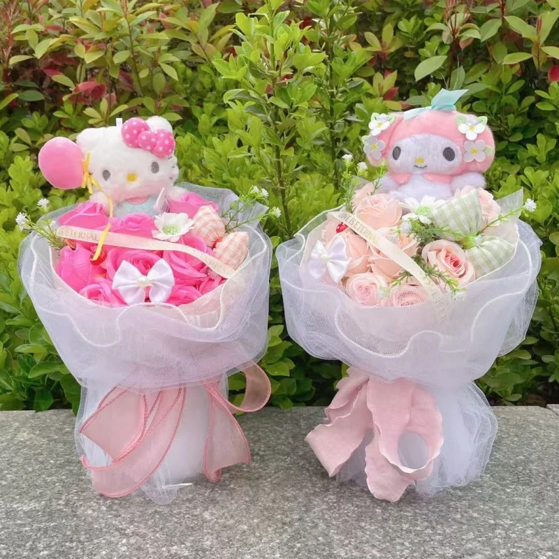 

Милые плюшевые куклы Sanrio Hello Kitty с искусственными цветами, креативный букет, подарок на Новый год, день рождения, День святого Валентина, Рождество, выпускной.