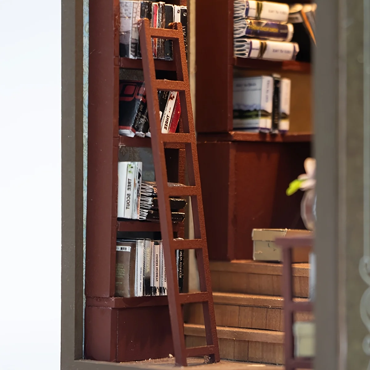 Library bookshelf set 3D wooden room bedroom insert decoration assembly building model DIY handmade mini set, wooden crafts Hall