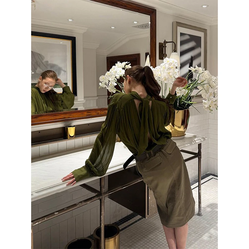 Vintage Tie Shirts Women Streetwear Sexy V Neck Folds Blouses Summer Office Ladies Korean Lace Up Long Sleeve Loose Design Tops