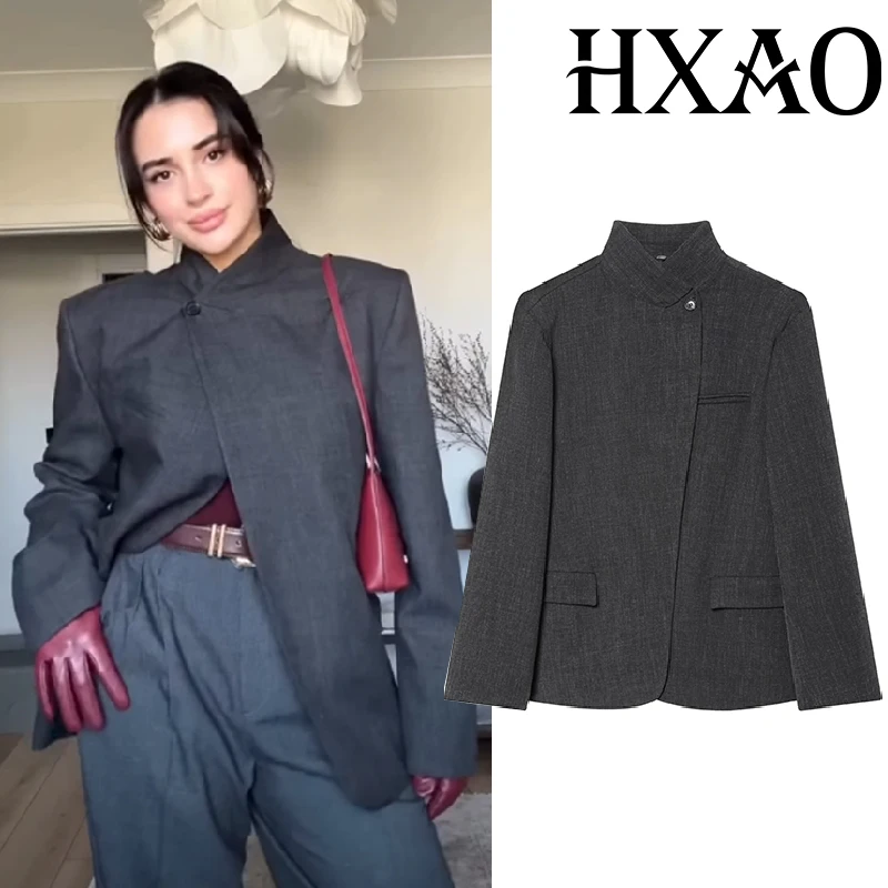 

HXAO Blazer Woman Outerwears Asymmetric Dark Grey Women's Blazer Autumn Long Sleeve Elegant Women's Coats Office Wear Suit